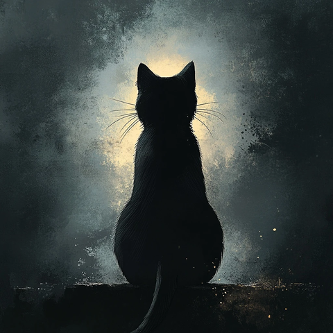 黑猫背对梦境插画