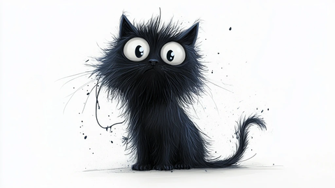 静电长毛黑猫卡通插画