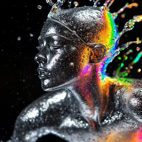 女游泳者银色雕像彩虹水花