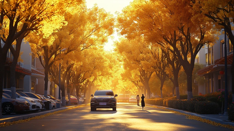 秋日阳光中车辆行人穿行于林荫道