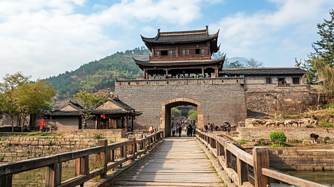 古式城楼建筑及木桥风景