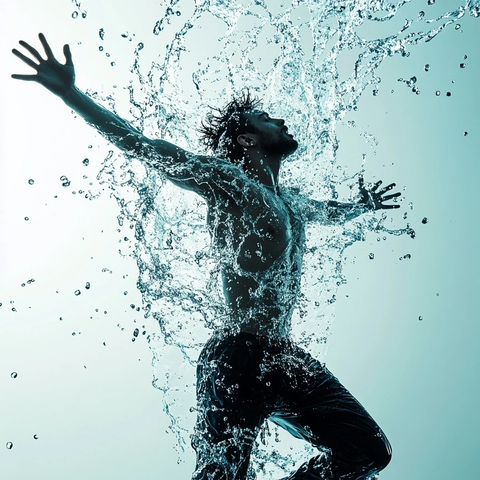 男人水中崛起水滴悬浮