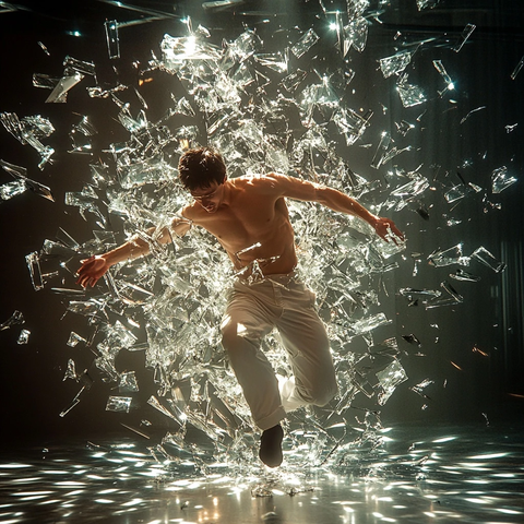 男子飞跃镜面玻璃碎片