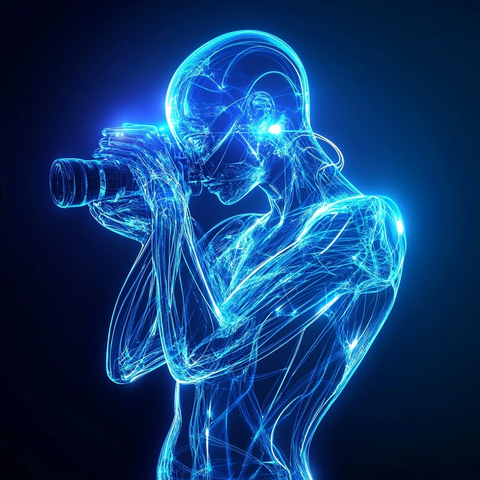 蓝色线条虚拟人手持相机