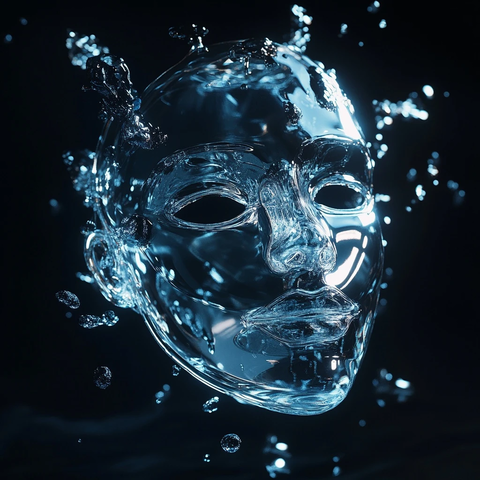 透明玻璃面具悬浮水滴中