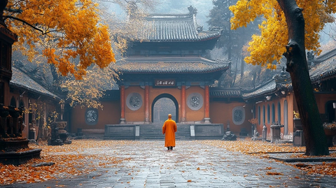 身穿僧袍之人独自行走在古寺庭院中