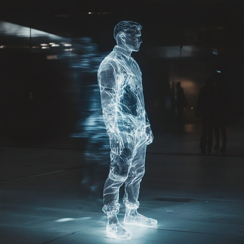 男子逐渐变成数字全息图