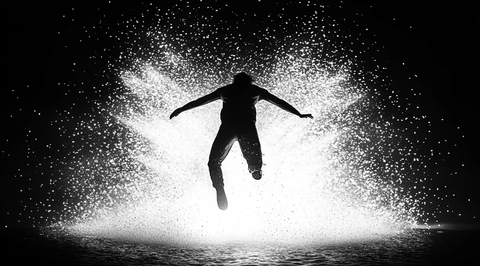 人影跃入水中黑白光影