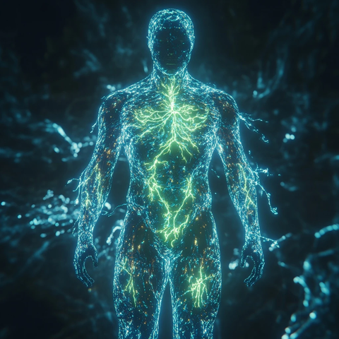 人体蓝绿光环超现实渲染