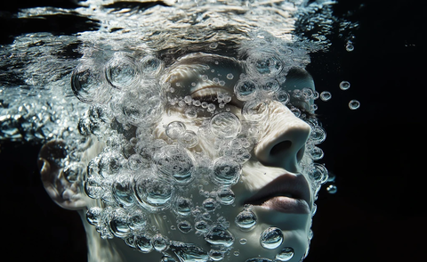 水中氧气泡形成人脸戴氧气面罩