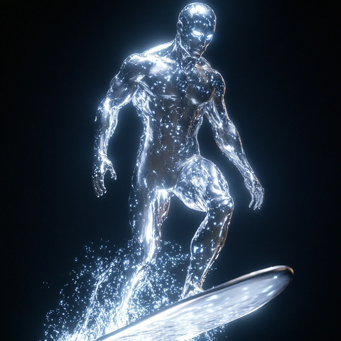 银色冲浪者骑乘宇宙滑板