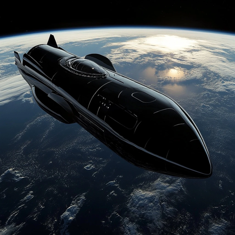 黑色高光太空舱悬浮地球上