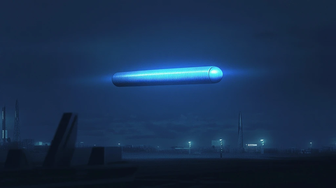 蓝色发光圆柱形悬浮夜空