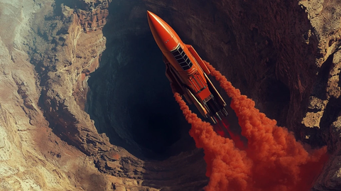 红色导弹从洞穴飞出尾气弥漫