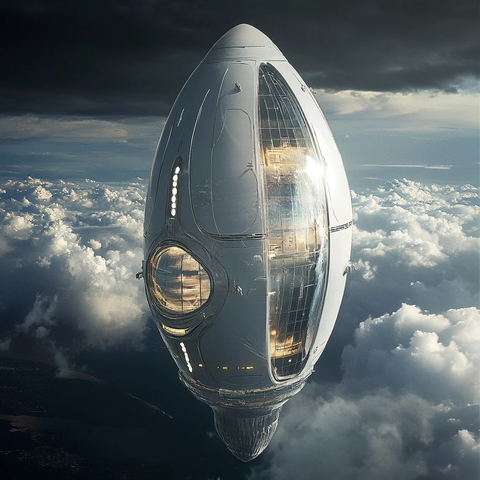 银色气球形飞船与大窗户