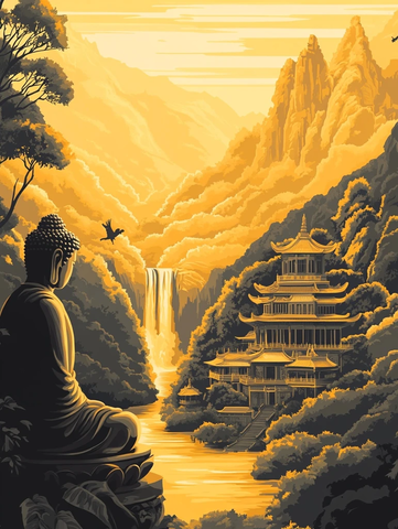 佛像静坐山林间古楼阁伴瀑布相映成趣