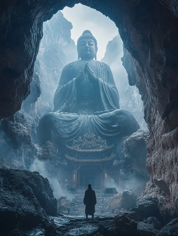山洞中静坐的大佛与参拜的僧人