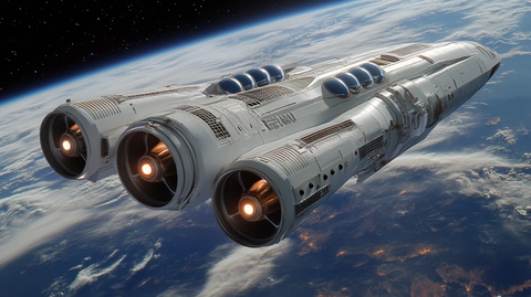 太空船四引擎三圆顶地球背景