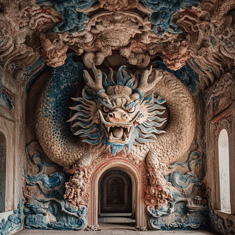 精美龙雕古建筑内景