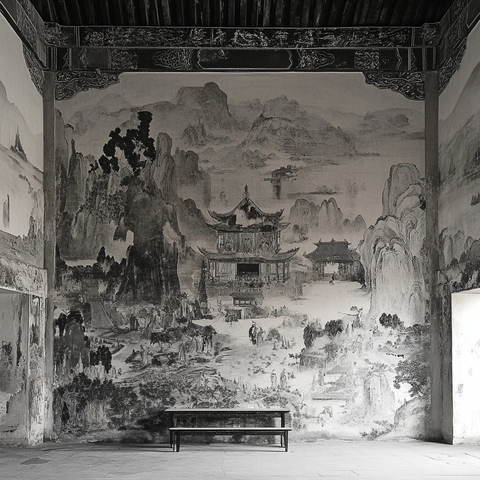 古建筑壁画展示传统中式山水人文景观