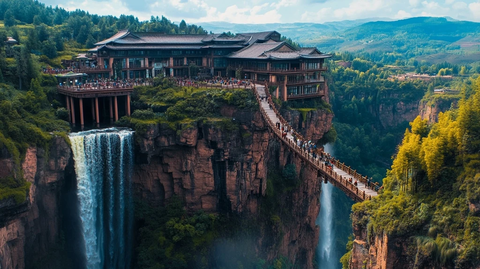 悬崖边的特色建筑与瀑布风光全景