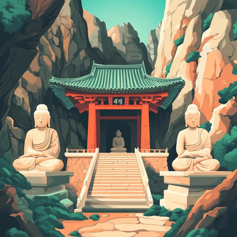 山间佛像与古寺建筑的景观