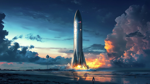 银色火箭矗立海岸发射台