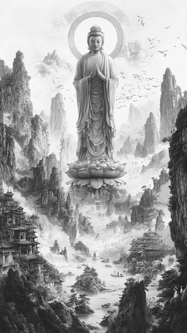 高山中宏伟庄严的佛像全景