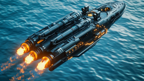 黑色潜艇海面漂浮发射导弹