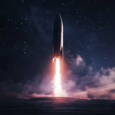 太空飞船夜间起飞烟雾环绕