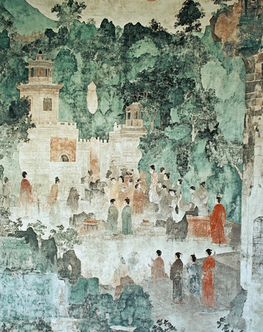 古代人物聚集的山林古建筑壁画