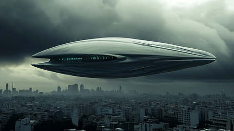 飞船悬浮未来城市上空