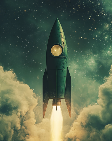 绿色火箭上升星空云朵