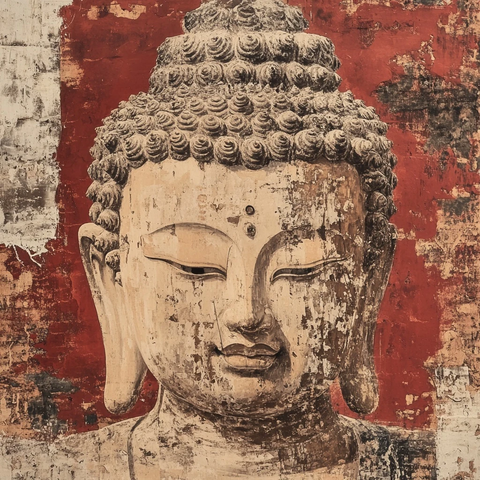 带有斑驳痕迹的佛像头部特写