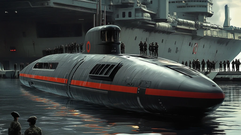 红条纹潜艇与士兵前甲板