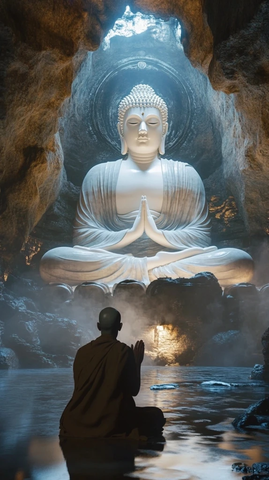 僧人对着佛像虔诚祈祷的画面