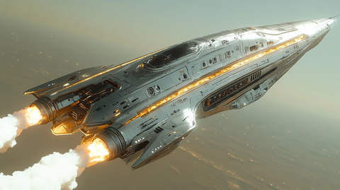 银色战舰尾部喷射火焰飞行