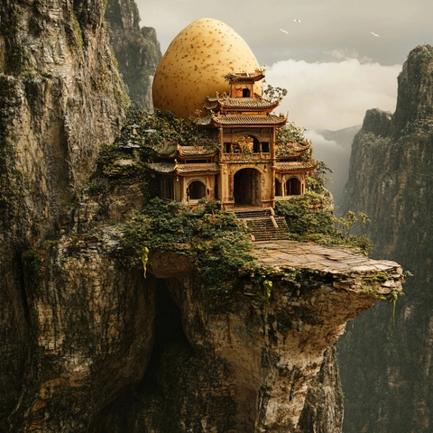 悬崖边古式建筑与巨型果实的奇异景观