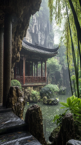 山间中式古亭伴水而立的自然景观