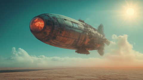 无人的蒸汽朋克飞船与阳光