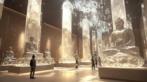 室内佛像雕塑人们正在参观