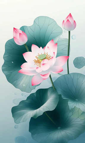 莲花浮水绿叶相伴