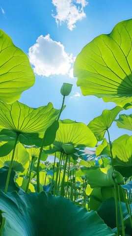 阳光照耀莲花叶蓝天下