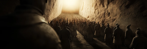 狭长空间中排列整齐的兵马俑队伍