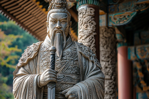 古代人物持剑雕塑特写