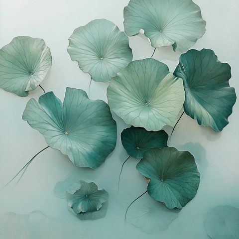 莲花叶浮水白底国画风格