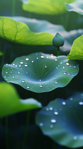 雨滴落莲叶特写
