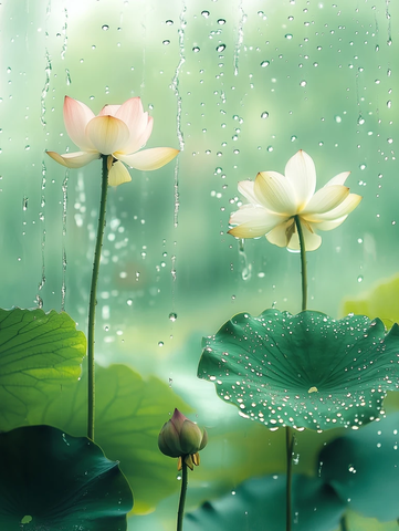 荷塘绿叶雨滴莲花