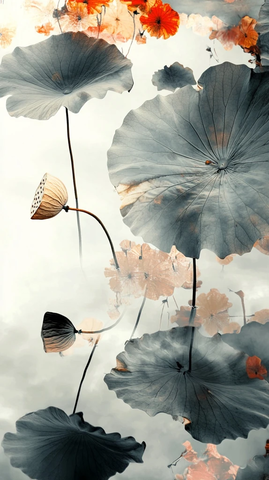 秋日枯荷水影图