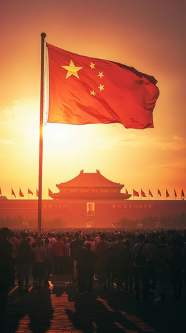 天安门前人群聚集处飘扬的中国国旗
